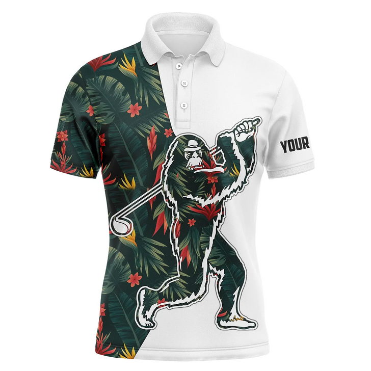 Custom Bigfoot Golf Men Polo Shirt - Funny Tropical Flowers Pattern Custom Name Sasquatch Playing Golf Apparel - Personalized Gift For Golf Lover, Men