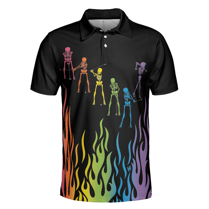 Skeleton Playing Golf Polo Shirt, Rainbow Pallette Fire Golfing Polo Shirt, Cool Golf Shirt For Men - Perfect Gift For Men, Golfers