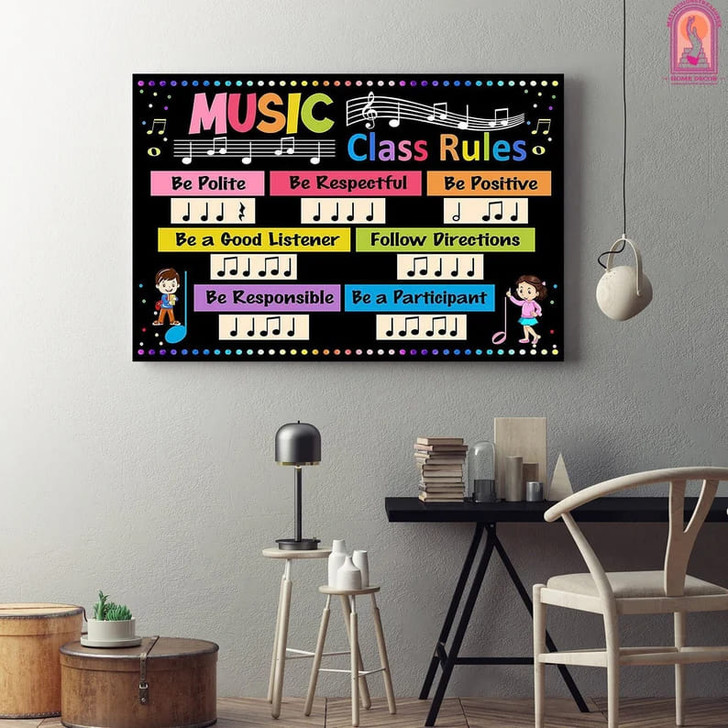Music Class, Classroom Rules, Be Polite Be Respectful Be Positive Back To School Poster and Canvas