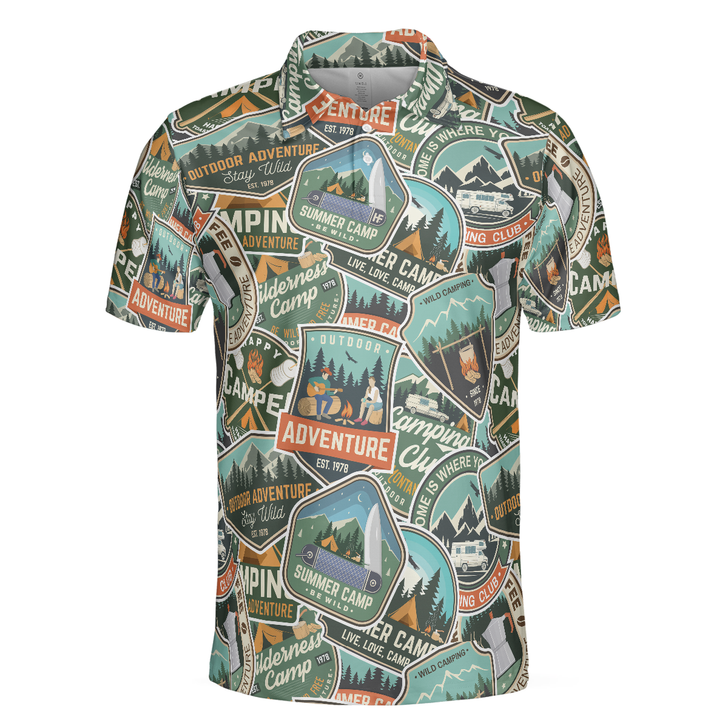 Summer Camp Adventure Sticker Pattern Polo Shirt, Camping Sticker And Badge Polo Shirt, Camping Shirt For Men - Perfect Gift For Men