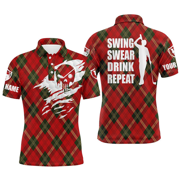 Custom Golf Men Polo Shirt - Custom Name Christmas Pattern Apparel - Personalized Gift For Golf Lover, Men, Team, Husband - Swing Swear Drink Repeat