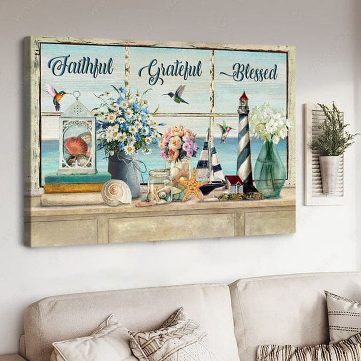 Faithful Grateful Blessed, Hummingbird Flower, Window Decor Poster and Canvas