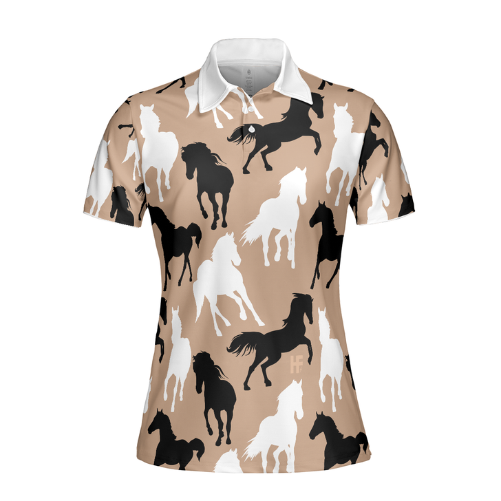 Black Horses White Horses Short Sleeve Women Polo Shirt, Horses Lover Shirt For Ladies