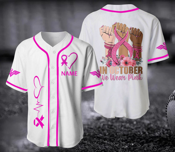 Custom Personalized Hand In October We Wear Pink Breast Cancer Baseball Jersey