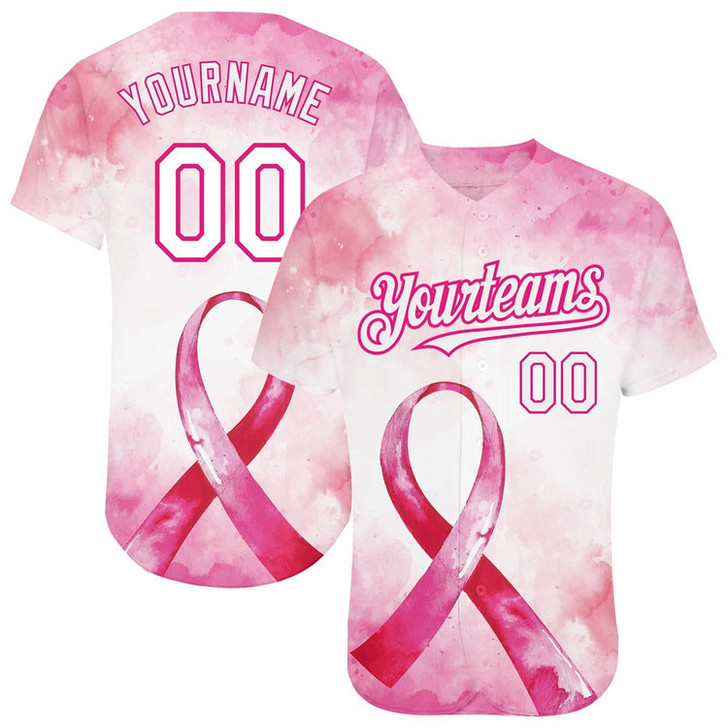 Custom Pink-White 3D Pink Ribbon Breast Cancer Awareness Month Women Health Care Support Authentic Baseball Jersey