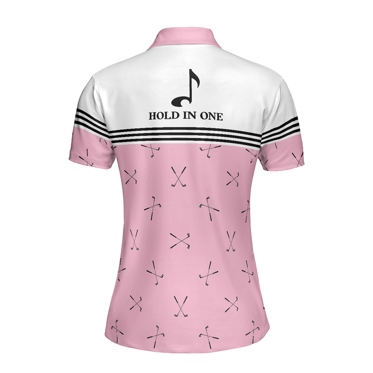 Hole In One Pink Golf Short Sleeve Women Polo Shirt, Golf Club Repeat Pattern Golfing Shirt, Pink Shirt For Women