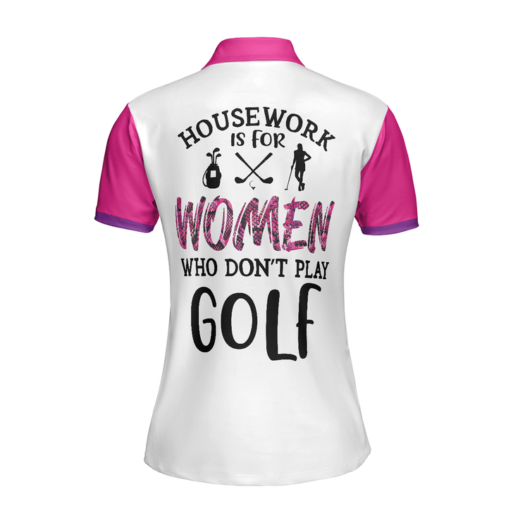 White And Pink Argyle Pattern Golf Women Polo Shirt, Housework Is For Women Who Don't Play Golf Short Sleeve Shirt For Ladies
