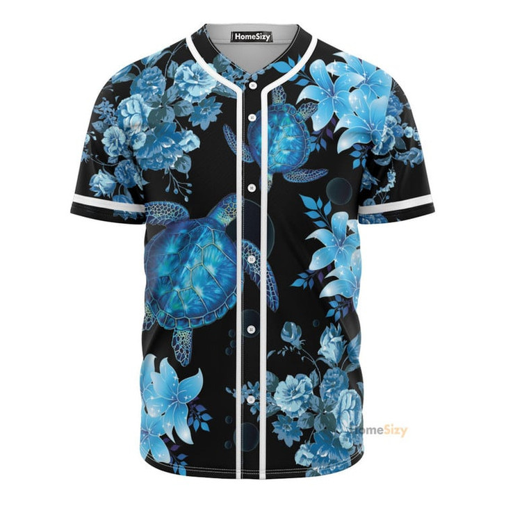 Blue Sea Turtle And Flowers - Baseball Jersey