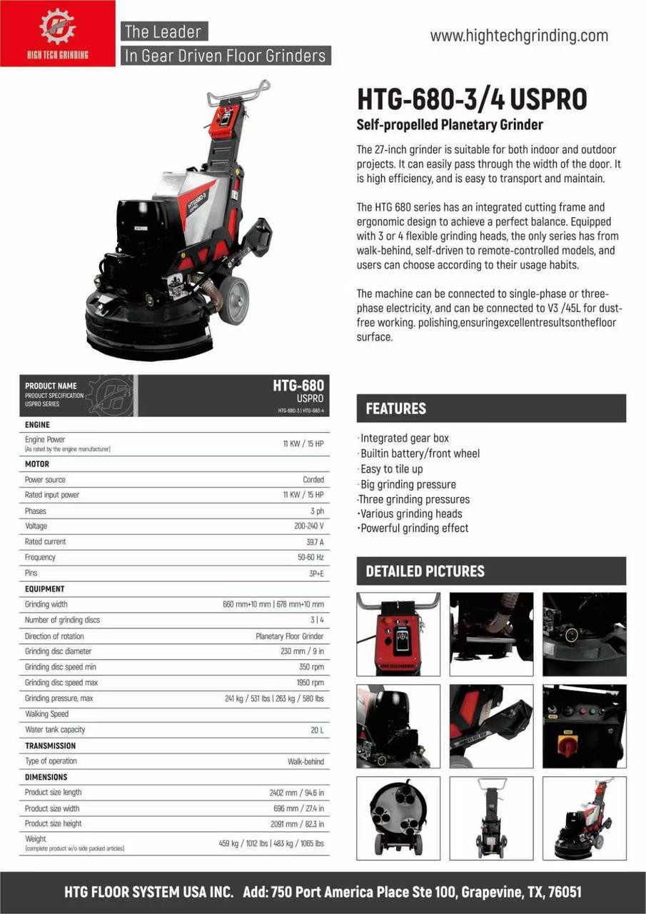  HiTech HTG-680 Electric 27" Single Phase 220v Concrete Grinder w/ 3 Heads 
