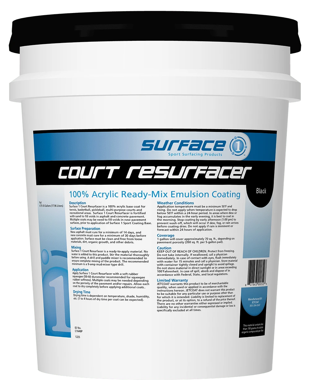 JETCOAT ACRYLIC COURT RESURFACER, BLACK, 5 Gal
