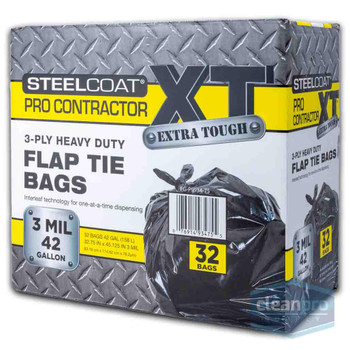 SteelCoat XL Extra Tough Pro Contractor Flap Tie Trash Bags, 55-Gallon, 2 Pack of 15-ct, 3 mil, Black