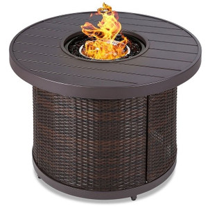 50,000 BTU Brown Wicker Round LP Gas Propane Fire Pit w/ Faux Wood Tabletop and Cover Q280-RFYJ3419