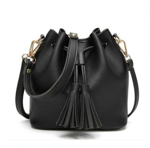 Color: Black - Vintage Fashion Small Women Leather Bucket Bag Handbag Tassel Drawstring Shoulder Bag Q119-CJBHNSNS03051-Black