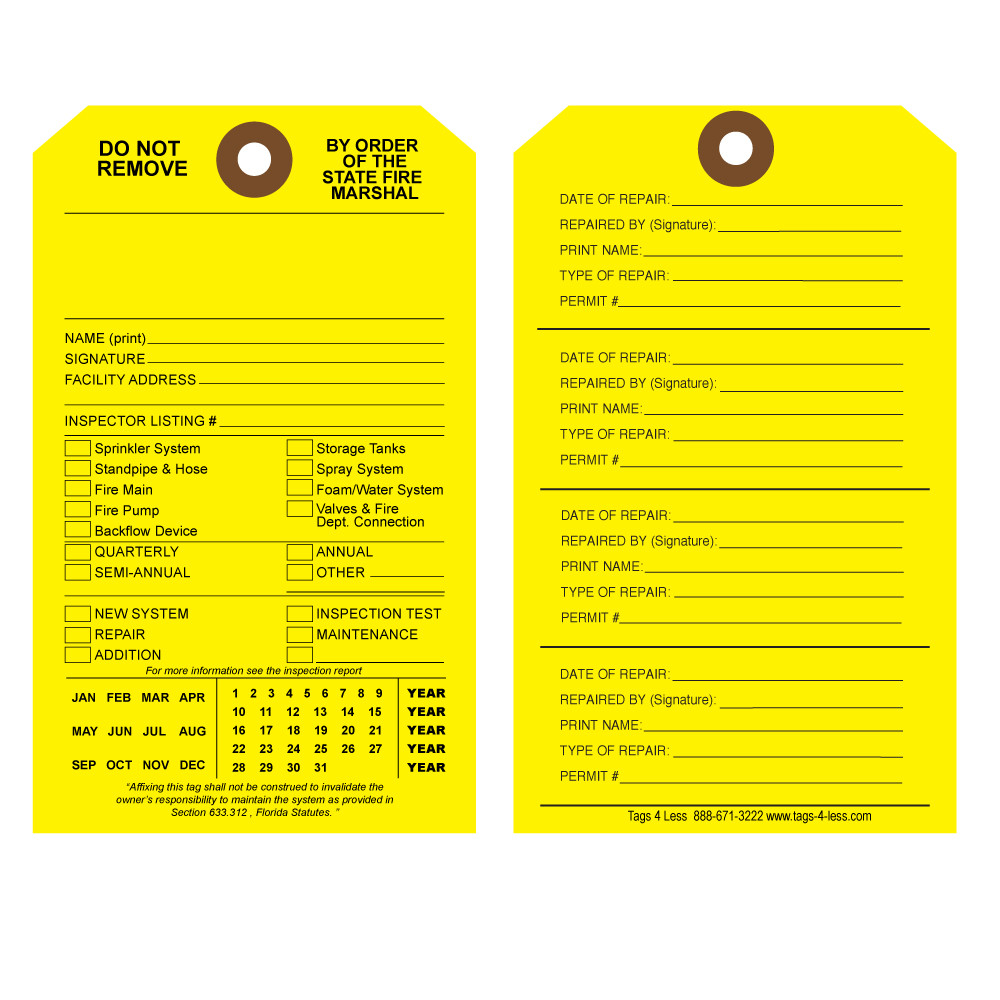 Plastic outdoor Florida Yellow Fire Sprinkler Inspection Tags