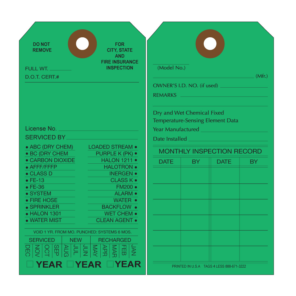 custom printed fire extinguisher cardboard inspection tags