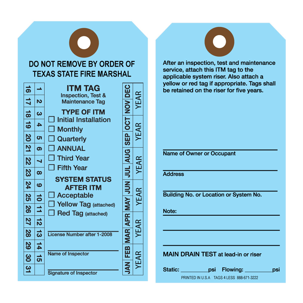 Texas Blue ITM Fire Sprinkler Inspection Tags