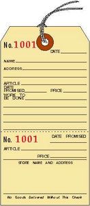 Repair Claim Tag Cardboard 2 5/8 x 5 1/4 Numbered strung Repair Claim Tag Cardboard 2 5/8 x 5 1/4 Numbered strung