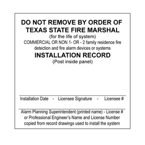 Texas Alarm System Installation Record Label Texas Alarm System Installation Record Label