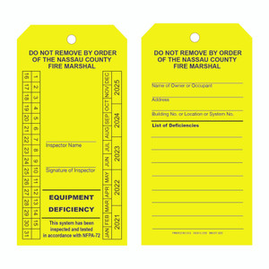 Nassau County Yellow Equipment Deficiency Inspection Maintenance Sprinkler tags Nassau County Yellow Equipment Deficiency Inspection Maintenance Sprinkler tags