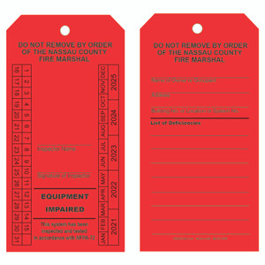 Nassau County Red Equipment Impaired Inspection Maintenance Sprinkler tags Nassau County Red Equipment Impaired Inspection Maintenance Sprinkler tags