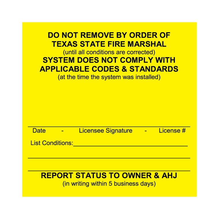 Texas Yellow Alarm Inspection Labels