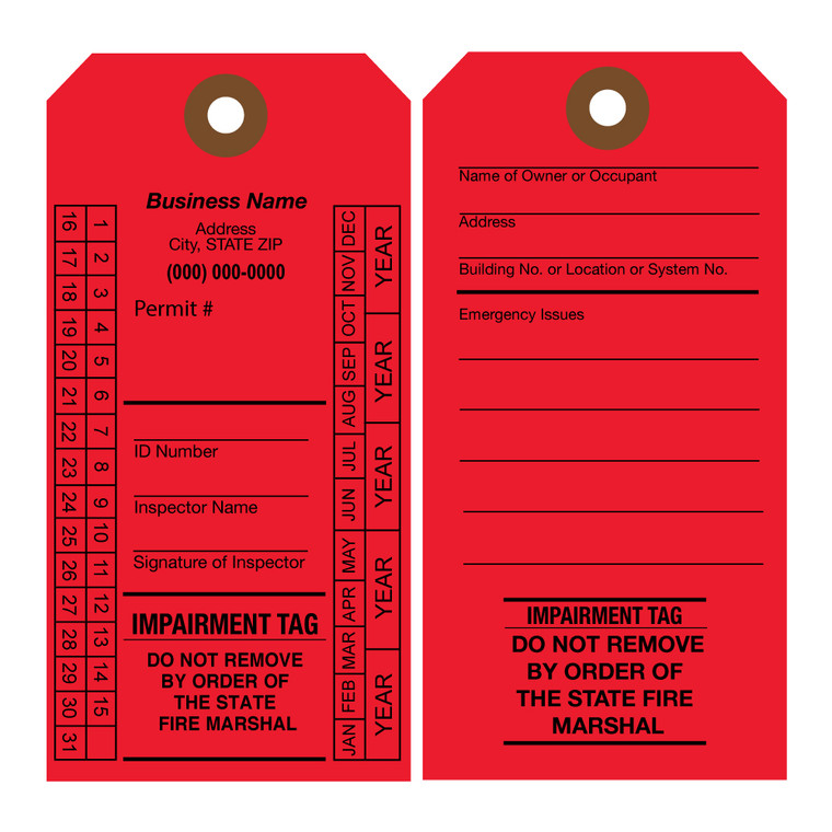 New Jersey Red Impairment Fire Sprinkler Inspection Tag