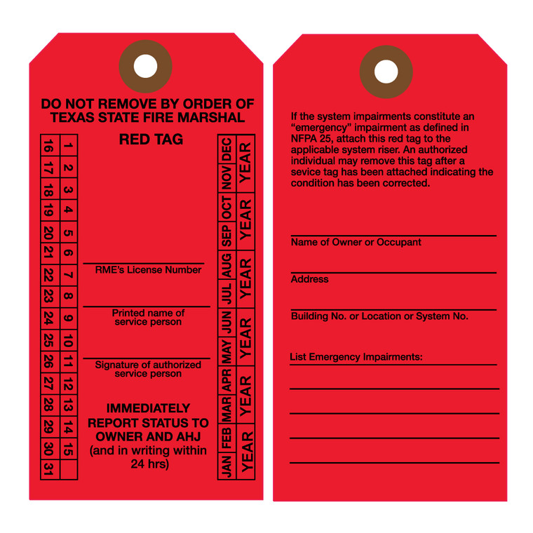 Texas Red impairment Sprinkler Inspection Tags