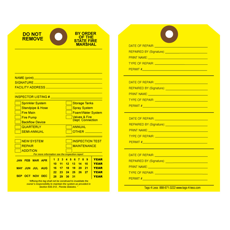 Florida Yellow  Fire Sprinkler Inspection Tags