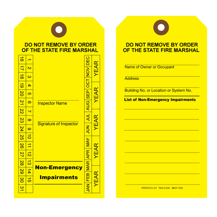 New York Yellow Non Emergency Impairment Sprinkler tags