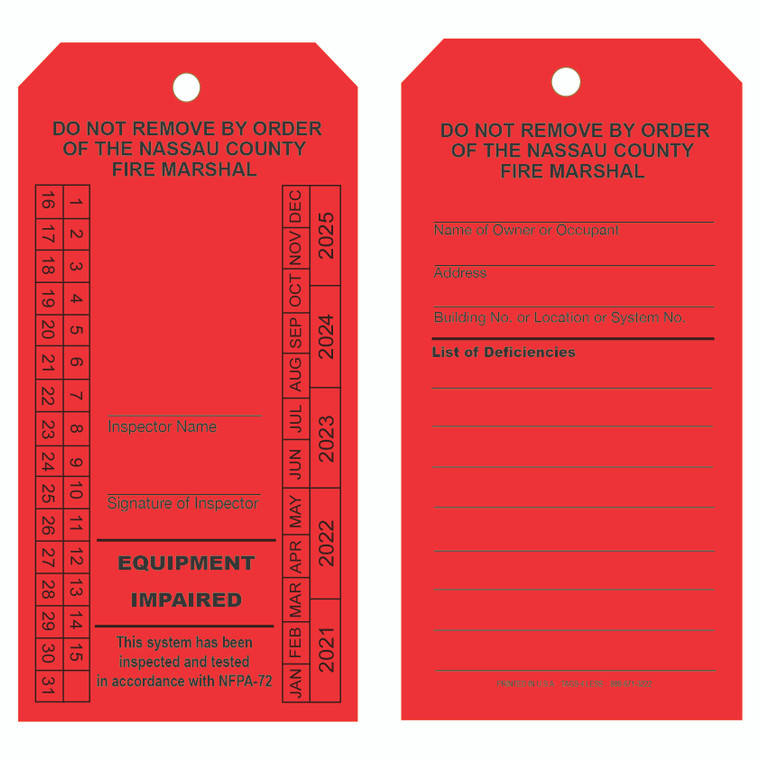 Nassau County Red Equipment Impaired Inspection Maintenance Sprinkler tags