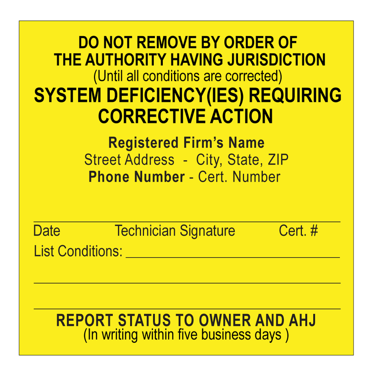 Yellow Alarm deficiency tag label NFPA 72