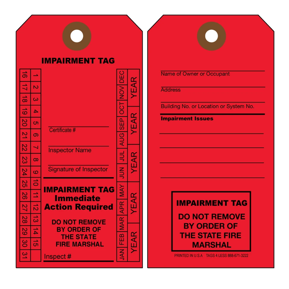 Fire Riser Inspection Tag Impairment Fire Inspection tags
