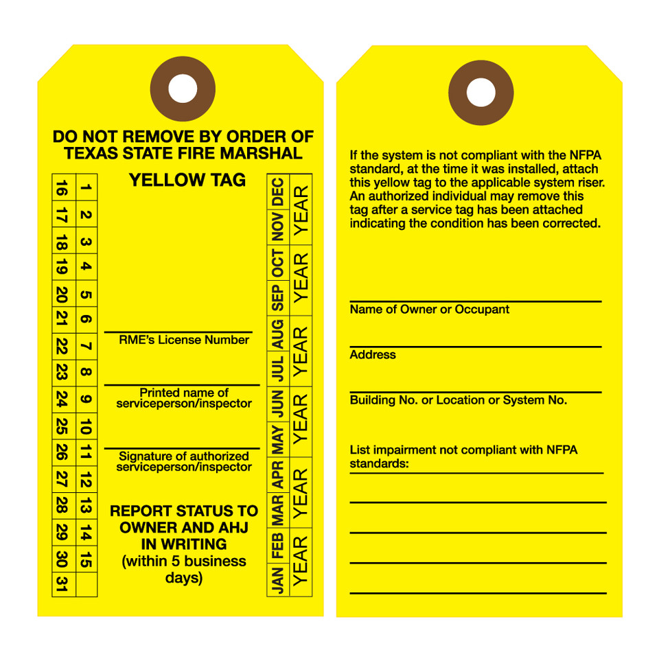 texas yellow sprinkler inspection tags
