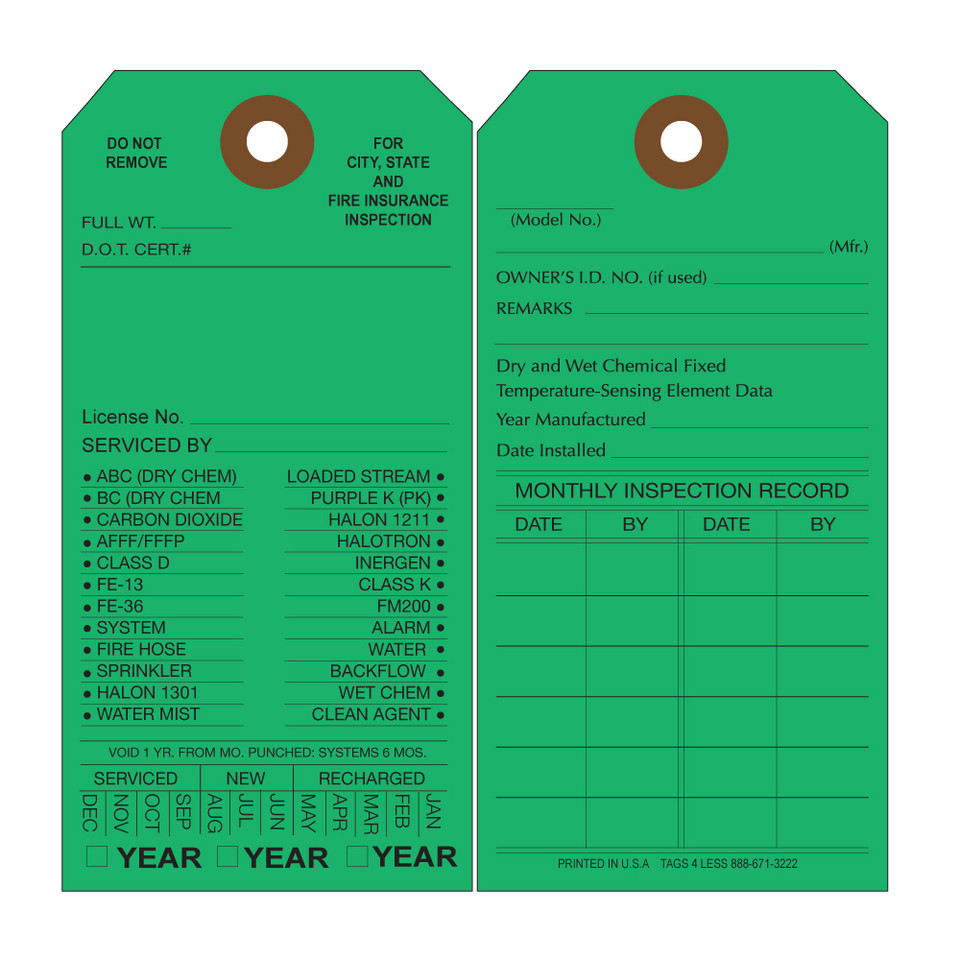 custom printed fire extinguisher cardboard inspection tags
