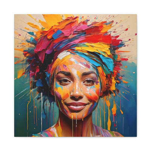 A vibrant abstract portrait of a smiling woman adorned with bold, textured paint strokes in bright reds, yellows, blues, and pinks. Dynamic splashes and rich color layers create a joyful, expressive modern art piece full of warmth and creative energy.