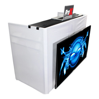 ProX XF-MESAMEDIA MK2 DJ facade workstation with integrated TV mount, adjustable tabletop, black scrims, and folding aluminum frame