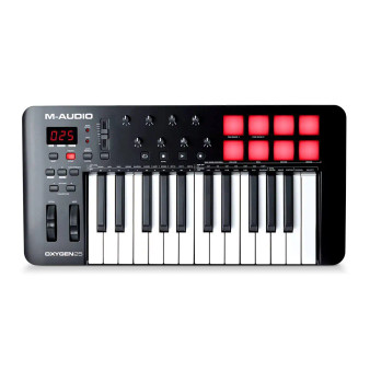 The M-Audio Oxygen 25 MK V Keyboard Controller is a compact, professional MIDI controller designed to give producers, musicians, and creators hands-on control of their computer-based music workflows