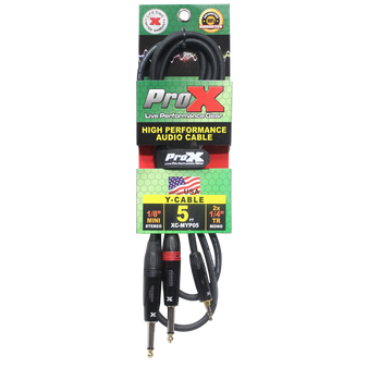 ProX XC-MYP05 5 Ft Performance Audio Y Cable — 3.5mm Mini TRS to dual 1/4" TS cable with oxygen-free copper conductors, braided shielding, and all-metal connectors for professional touring and live sound applications.