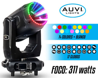 The AUVI AURA 15RX BEAM is a Moving Head featuring a multicolor LED Ring. This light fixture boasts a powerful 315 Watts Bulb for vibrant illumination.