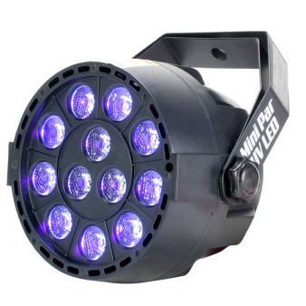 Eliminator Mini Par UV LED — compact blacklight fixture with 12x1W LEDs, DMX control, portable UV stage lighting