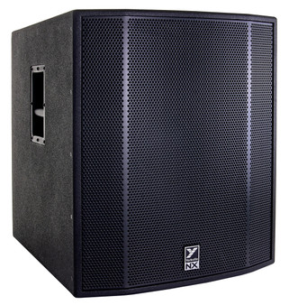 Yorkville NX18SP 18-inch powered subwoofer with black birch cabinet, metal grille, and side handles, designed for professional live sound reinforcement.