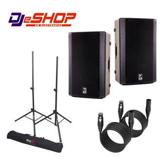 Complete PA speaker bundle, featuring two Yorkville NX12P powered speakers, two ProX T-SS18P heavy-duty tripod stands, and two 20 ft premium XLR cables