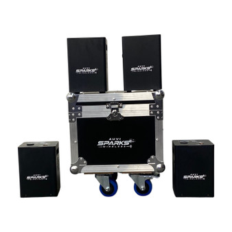 AUVI Wireless Cold Spark Machine Set of 4 with flight case, rechargeable battery-powered indoor spark effect machines for weddings, DJs, concerts, and stage productions.