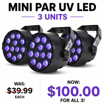 Set of 3 Mini PAR UV LED Black Light Black - compact blacklight fixture with 12x1W LEDs, DMX control, portable UV stage lighting