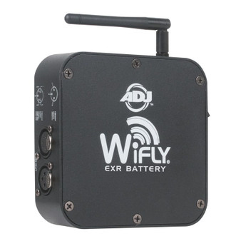 ADJ WiFLY EXR Battery Wireless DMX Transmitter Receiver — battery-powered wireless DMX transceiver with 2,500 ft range, 3-pin and 5-pin DMX I/O, and rechargeable battery for cable-free lighting control.