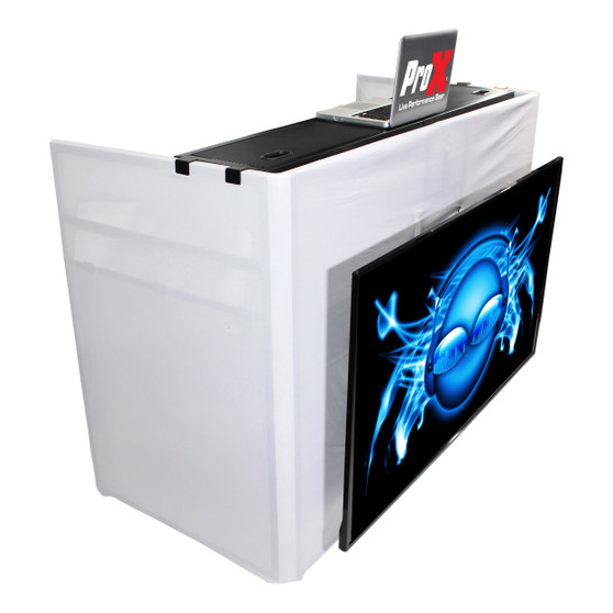 ProX XF-MESAMEDIA MK2 DJ facade workstation with integrated TV mount, adjustable tabletop, black scrims, and folding aluminum frame