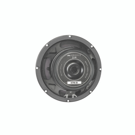8" professional 8-ohm mid-range/mid-bass speaker — copper voice coil, paper cone, vented ferrite magnet, pressed steel basket.