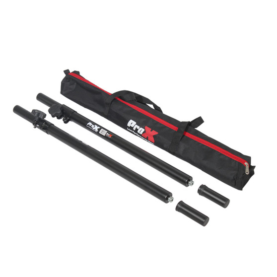ProX X-SPAM20X2PKG adjustable speaker poles — set of two steel M20 threaded subwoofer speaker poles with 1 3/8 inch adapter, adjustable height, safety pin, and carrying bag.