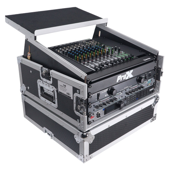 ProX T-6MRLT 6U Rack x 10U Top Mixer DJ Combo Flight Case — ATA-style DJ rack and mixer flight case with sliding laptop shelf, heavy-duty laminated plywood construction, front and top rack design