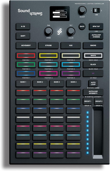 SoundSwitch Control One Professional Lighting Controller — dual-universe DMX hardware for hands-on SoundSwitch lighting control with OLED display and performance pads — desktop lighting controller.